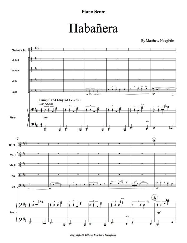 Habañera for Clarinet, String Quartet & Piano (Matthew Naughtin) Online Sale